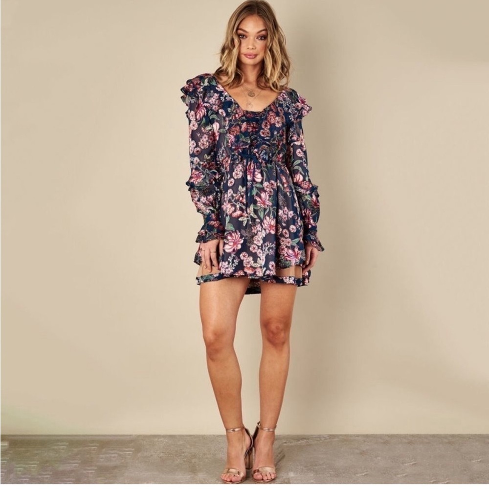 For Love & Lemons- EUC Floral Drawstring Ruffle Mini Dress. Size S.